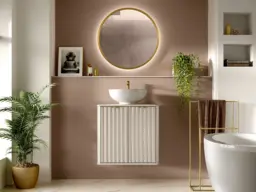 Wall Hung Vanity Unit 600mm Under Sink Bathroom Cabinet Cashmere Beige Countertop Fluted Ribbed Doors - Oren - thumbnail 2
