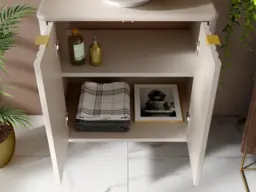 Wall Hung Vanity Unit 600mm Under Sink Bathroom Cabinet Cashmere Beige Countertop Fluted Ribbed Doors - Oren - thumbnail 4