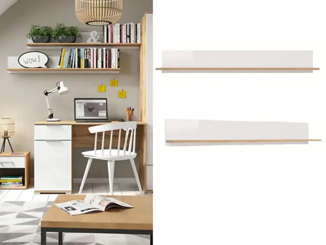 Small Wall Mounted Shelf Modern White Gloss Wall Hung Storage Panel Floating Oak Shelf 135cm - Zele - image 1