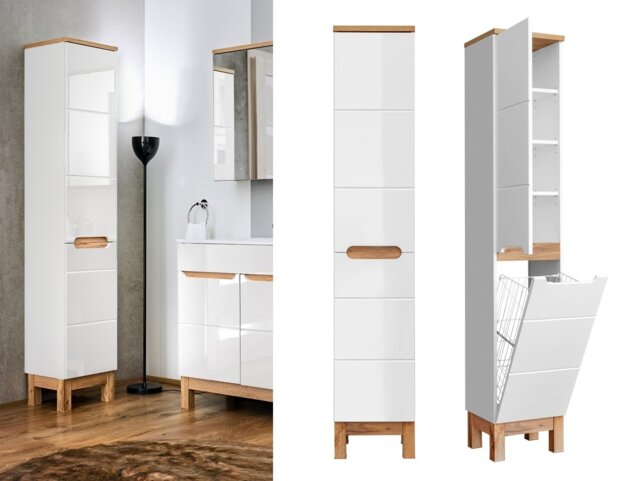 Bathroom Cabinet with Laundry Basket Two Door Tall Slim Storage Unit White Gloss and Oak - Bali - image 1