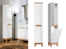 Bathroom Cabinet with Laundry Basket Two Door Tall Slim Storage Unit White Gloss and Oak - Bali - thumbnail 1