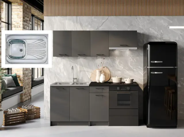 Kitchenette Kitchen Cabinets Black Grey Cupboards with Sit On Sink 5 Unit Fully Fitted Kitchen Package 180cm - Lina - image 1