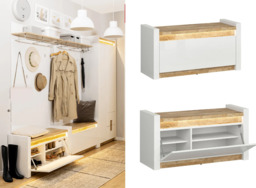 Hallway Shoe Storage Bench Cabinet Drop Down Door Modern White Gloss and Oak Effect LED Lights - Alameda - thumbnail 1