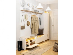 Hallway Shoe Storage Bench Cabinet Drop Down Door Modern White Gloss and Oak Effect LED Lights - Alameda - thumbnail 2
