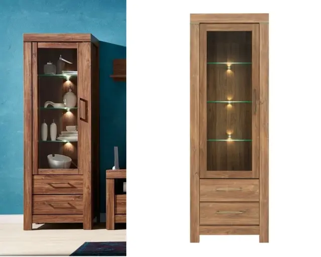 Modern Tall Glass Door Display Cabinet Unit with Drawers LED Lights Oak Effect - Gent - image 1
