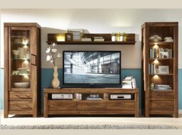 Modern Tall Glass Door Display Cabinet Unit with Drawers LED Lights Oak Effect - Gent - thumbnail 2
