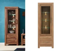 Modern Tall Glass Door Display Cabinet Unit with Drawers LED Lights Oak Effect - Gent