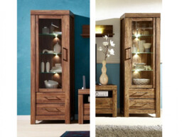 Modern Tall Glass Door Display Cabinet Unit with Drawers LED Lights Oak Effect - Gent - thumbnail 3