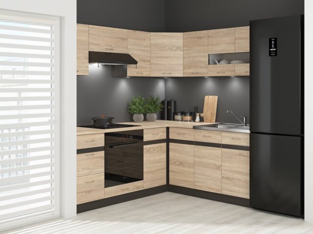 Kitchen Right Corner Set 11 Cabinet Unit Oak Wenge Effect Freestanding Cupboard Complete DIY Fitted Kitchen Junona - image 1