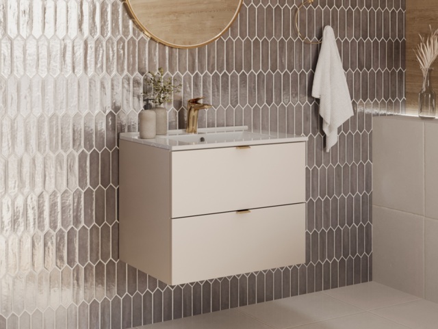 Bathroom Vanity Unit with Basin 600mm Beige Floating Wall Cabinet with Drawers Cashmere Slab Front - Dalia - image 1