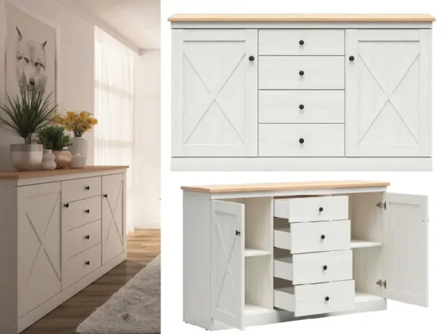 Sideboard Drawers Cabinet Shabby Chic White Washed Scandi Furniture Storage Dresser White Pine Oak Finish - Frija - image 1