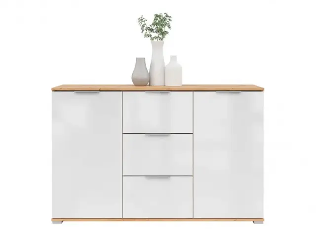 White and Oak Sideboard Cabinet Storage Unit Modern 135cm Wide with 3 Drawers - Zele - image 1