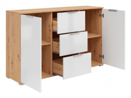 White and Oak Sideboard Cabinet Storage Unit Modern 135cm Wide with 3 Drawers - Zele - thumbnail 3