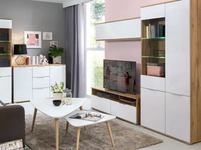 Modern Living Room Furniture Set White Gloss / Oak TV Cabinet Sideboard Display Wall Unit - Zele - image 1