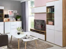Modern Living Room Furniture Set White Gloss / Oak TV Cabinet Sideboard Display Wall Unit - Zele