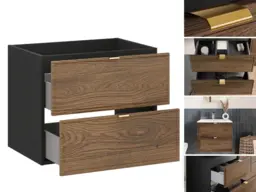 Bathroom Vanity Unit 600mm Wall Sink Cabinet Floating Drawers Milled Walnut Black Matt Mid Century Modern - Talia