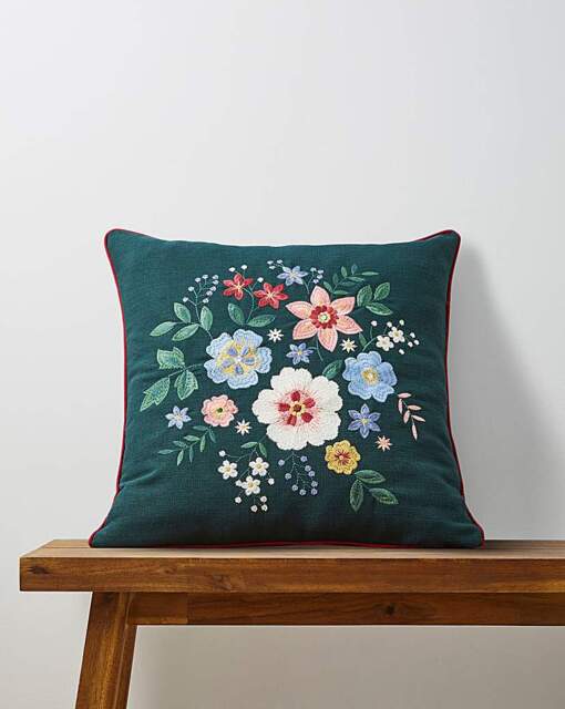 Bella Embroidered Floral Cushion Green - JD Williams - Size: 45X45 - image 1