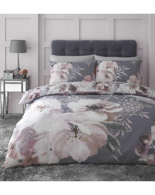 Dramatic Floral Silver Duvet Cover Set Grey - Catherine Lansfield - Size: SINGLE - image 1