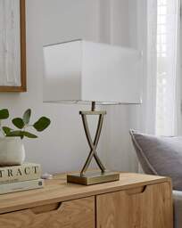 Antique Brass Faux Silk Shade Table Lamp Brass - Searchlight - thumbnail 2
