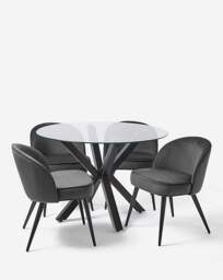 Bodie Table with 4 Emilie Velvet Chairs Black/Charcoal - thumbnail 2
