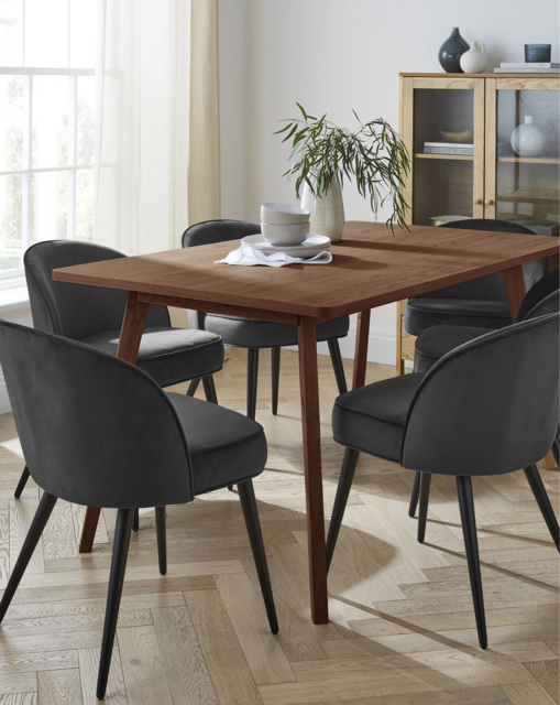 Oslo Table with 6 Emilie Velvet Chairs Walnut/Charcoal - image 1