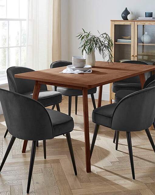 Oslo Table with 6 Emilie Velvet Chairs Walnut/Charcoal - image 1