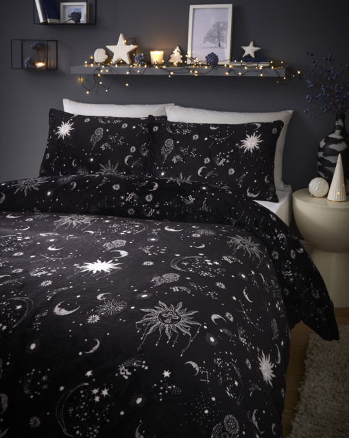 Moon & Stars Fleece Duvet Set Black/White - JD Williams - Size: SINGLE - image 1
