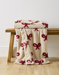 Embroidered Bows Sherpa Fleece Throw Red/Cream - JD Williams - Size: 130X150 - thumbnail 1
