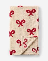 Embroidered Bows Sherpa Fleece Throw Red/Cream - JD Williams - Size: 130X150 - thumbnail 2