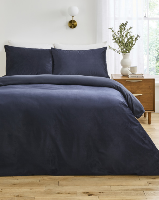 Soft Plain Velvet Duvet Cover Set Navy - JD Williams - Size: SINGLE - image 1