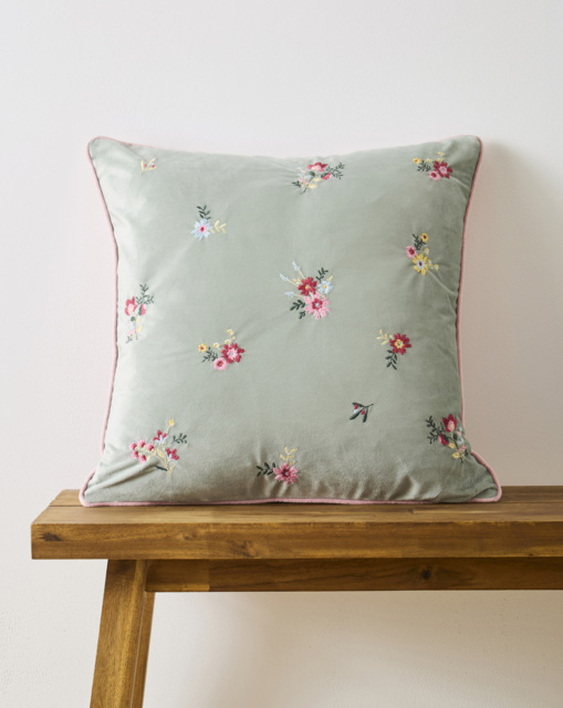 Floral Embroidered Velvet Cushion Sage Green - JD Williams - Size: 45X45CM - image 1