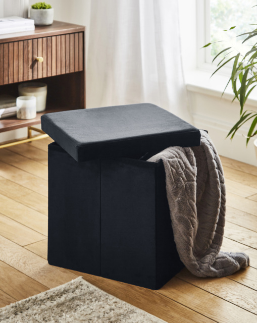 Velvet Foldable Storage Ottoman Cube Black - JD Williams - image 1