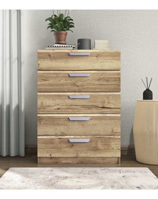 Lugo Assembled 5 Drawer Wide Chest OAK Effect - One Call