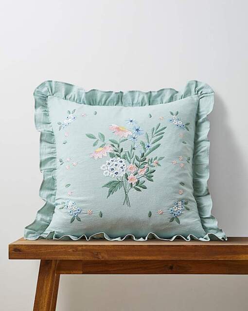 Harper Embroidered Floral Ruffle Cushion Sage Green - JD Williams - Size: 45X45 - image 1