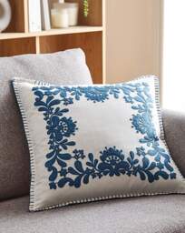 Mia Embroidered Border Floral Cushion White/Blue - At Home Collection - Size: 45X45 - thumbnail 1