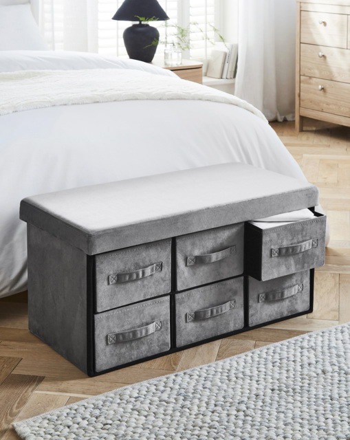 Foldable Velvet Drawer Ottoman Grey - JD Williams - image 1