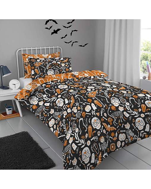 Kids Day of Dead Duvet Set Black/Orange Black/Orange - Bedlam - Size: SINGLE - image 1