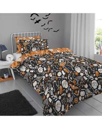 Kids Day of Dead Duvet Set Black/Orange Black/Orange - Bedlam - Size: SINGLE