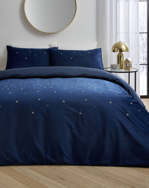 Velvet With Embroidered Stars Duvet Set Navy - JD Williams - Size: SINGLE - image 1