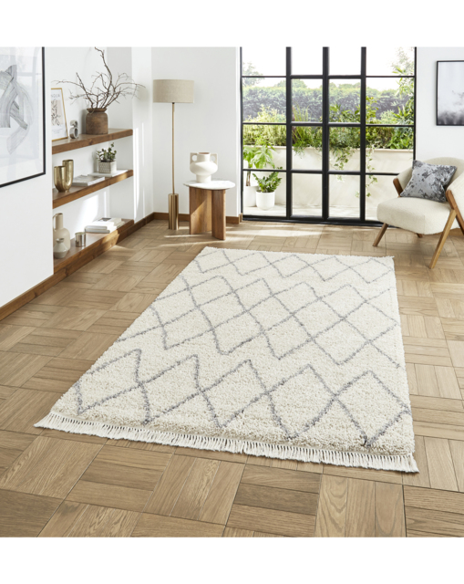 Think Rugs Boho Fringe Rug Cream/Grey - Think Rugs - Size: 80X150 - image 1