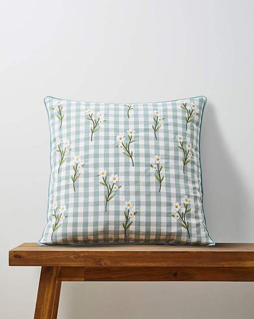 Julipa Daisy Floral Check Cushion Green - Julipa - Size: 45X45 - image 1