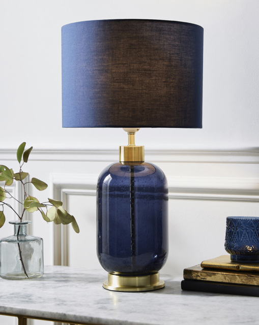 Glass and Satin Brass Base Table Lamp Navy Blue - Searchlight