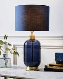 Glass and Satin Brass Base Table Lamp Navy Blue - Searchlight