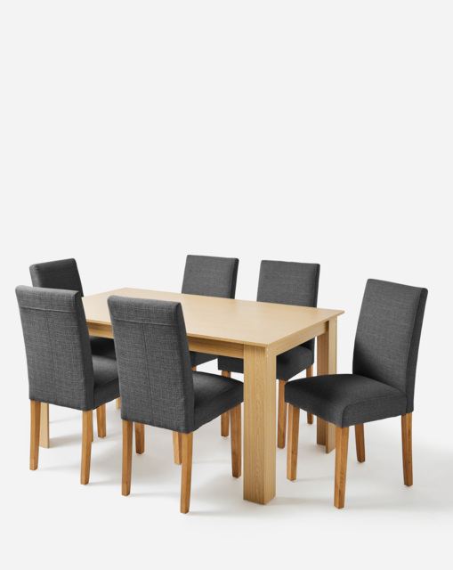 Dakota Table with 6 Ava Fabric Chairs Oak/Charcoal