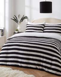 Striped Fleece Duvet Set Black/White - JD Williams - Size: KING - thumbnail 1