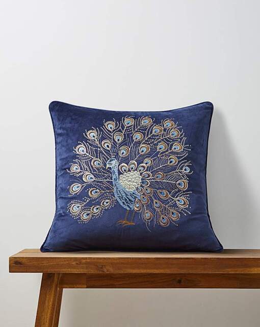 Embroidered Peacock Velvet Cushion Blue - JD Williams - Size: 45X45 - image 1