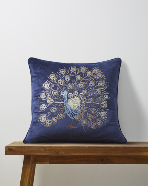 Embroidered Peacock Velvet Cushion Blue - JD Williams - Size: 45X45