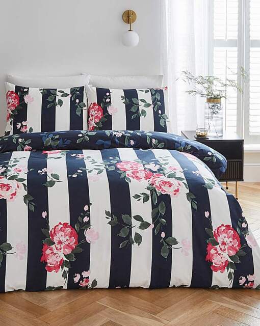 Joanna Hope Floral Stripe Duvet Set White/Navy - Joanna Hope - Size: SINGLE - image 1
