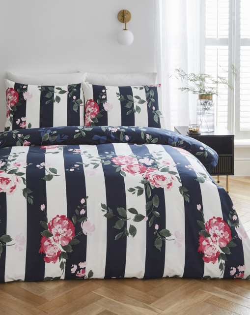 Joanna Hope Floral Stripe Duvet Set White/Navy - Joanna Hope - Size: SINGLE - image 1