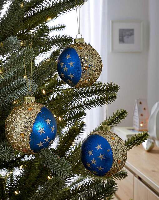 Gisela Graham 3 Moon & Stars Baubles Blue - Gisela Graham - image 1